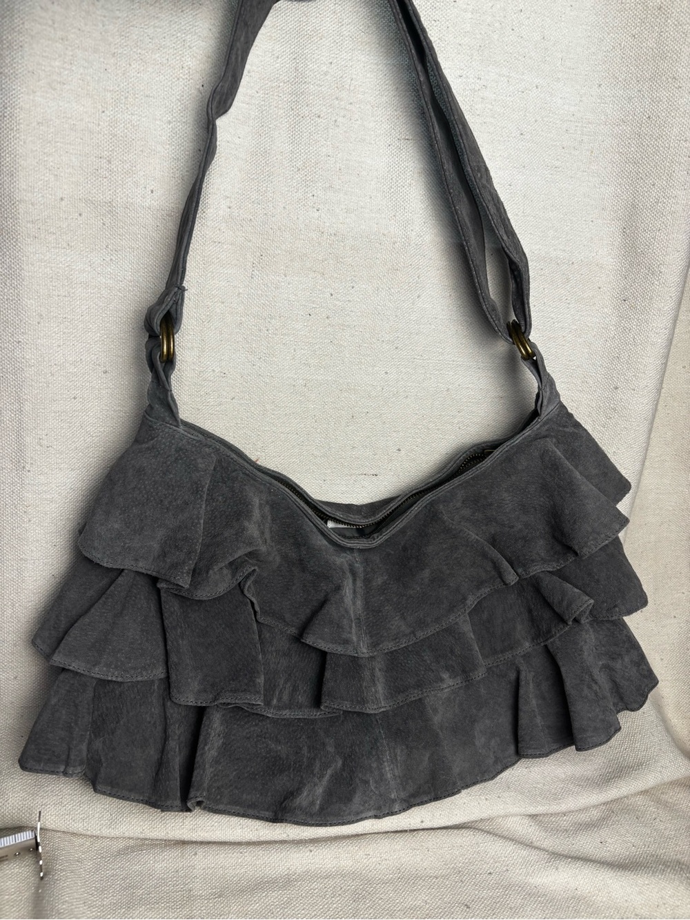Ruffled Suede Shoulder Bag in Charcoal Gray